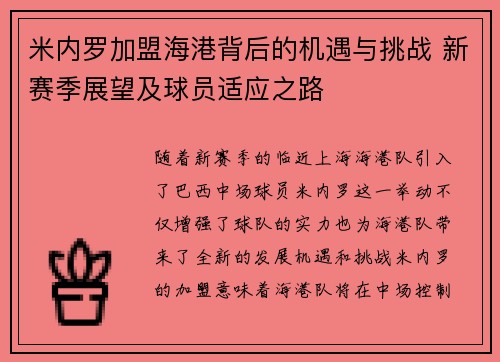 米内罗加盟海港背后的机遇与挑战 新赛季展望及球员适应之路